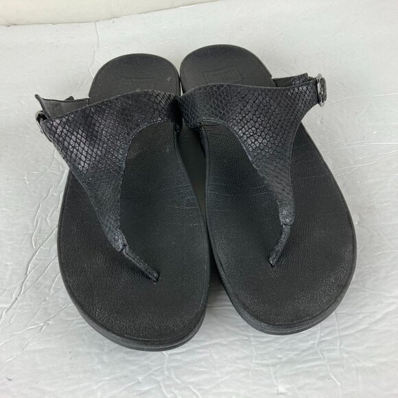 Fitflop Womens Sz 10 Lulu Textured Black Leather Thong Flip Flop Wedge Sandals - Picture 3 of 8